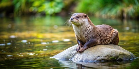 Wall Mural - Otter resting on a rock in the river, cute, wildlife, nature, water, animal, mammal, fur, outdoors, river