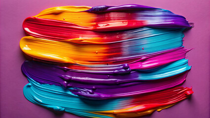 Poster - A close-up image of colorful paint swirls on a purple background, capturing the vibrant hues and textures of the paint