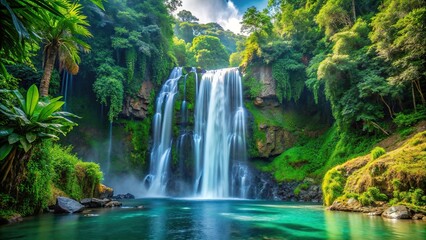Wall Mural - Majestic waterfall cascading in a lush tropical paradise , waterfall, tropical, paradise, lush, majestic, serene