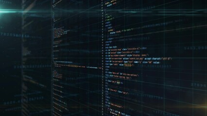 software development concept, source random programming code written on dark background and highlighted syntax elements of the code