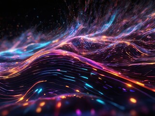 Poster - A close-up of digitally rendered waves of light in neon blue, purple, and orange. The lines of light are abstract and create a dynamic, flowing pattern