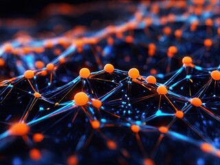 Poster - A digital illustration of an abstract network, featuring orange spheres connected by blue lines