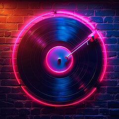 Wall Mural - A vinyl record with neon lights on a brick wall.