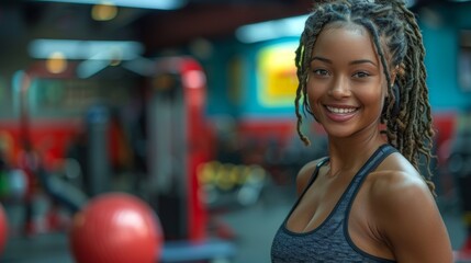 Wall Mural - In the vibrant ambiance of the gym, a spirited young woman donning sportswear shares a light-hearted exchange with