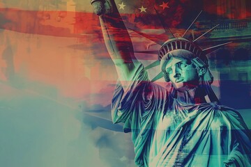 Double exposure with the American flag and the Statue of liberty. Background for independence day - 4th of July