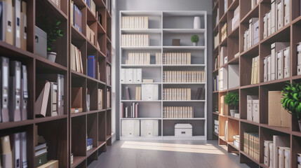 Sticker - Bright, modern storage room with neatly arranged boxes, books, and files on shelves, creating a clean, orderly space.