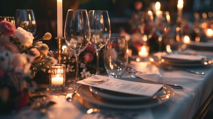Luxury dining table setting featuring restaurant menu invitation card