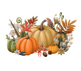 Pumpkins and autumn elements isolated. Vector.