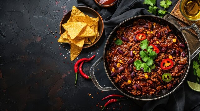 Mexican hot chili con carne in a pan with tortilla chips on a dark background