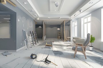 Poster - A modern office space is being renovated with new furniture, fresh paint, and updated lighting. The space is currently under construction, with ladders, tools, and debris visible. Generative AI