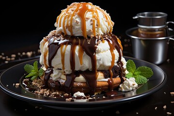 Canvas Print - Vanilla ice cream with chocolate syrup and whipped cream., generative IA