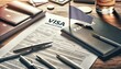 © Александр Бердюгин - A visa application form on a desk, surrounded by passports and pens, ready to be filled out. Mockup white flag