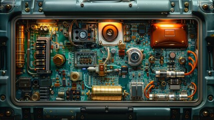 Wall Mural - Showcase the intricate components of electronic equipment inside a travelers luggage as seen on the monitor of the x-ray machine