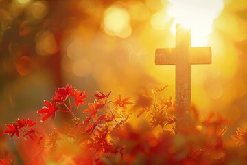 Blur the cross symbol on autumn sunset background