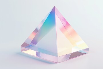 Fototapete - Futuristic 3D rendering of an iridescent glass pyramid floating on a clean white background, emphasizing its smooth, reflective surfaces and color transitions