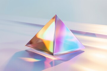 Fototapete - Futuristic 3D rendering of an iridescent glass pyramid floating on a clean white background, emphasizing its smooth, reflective surfaces and color transitions