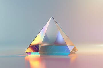 Fototapete - Futuristic 3D rendering of an iridescent glass pyramid floating on a clean white background, emphasizing its smooth, reflective surfaces and color transitions