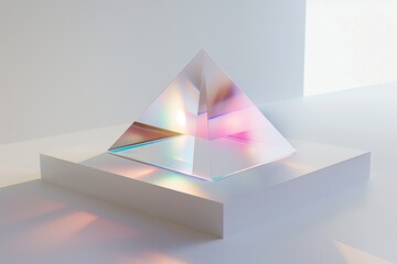 Fototapete - Futuristic 3D rendering of an iridescent glass pyramid floating on a clean white background, emphasizing its smooth, reflective surfaces and color transitions
