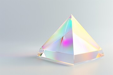 Fototapete - Futuristic 3D rendering of an iridescent glass pyramid floating on a clean white background, emphasizing its smooth, reflective surfaces and color transitions