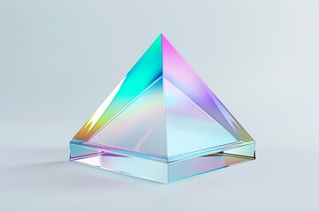 Fototapete - Futuristic 3D rendering of an iridescent glass pyramid floating on a clean white background, emphasizing its smooth, reflective surfaces and color transitions