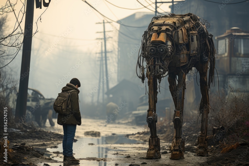 Boy stands on a desolate street facing a colossal dog-shaped robot ...