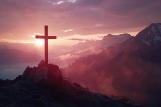 Good Friday concept  Silhouette cross on mountain sunset background