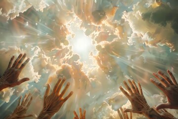 Wall Mural - Heaven opens as God comes down to earth for the final judgment with blurry hands of people below.