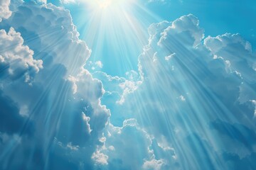 Wall Mural - religious background with blue sky and sun rays.