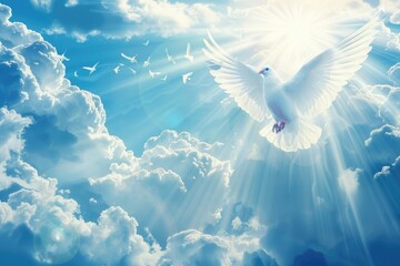 Wall Mural - religious background with blue sky and sun rays.
