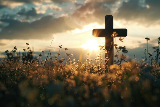 Christian cross silhouette on grass at sunrise with bright light.
