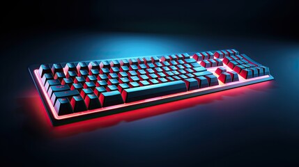 futuristic backlit gaming keyboard with red and blue led lights, 3d rendering illustration