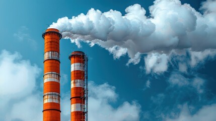 Two tall industrial chimneys emitting smoke against a blue sky with white clouds