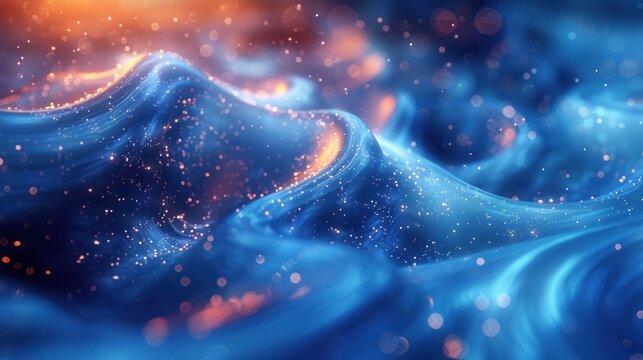 Abstract blue and orange digital art with glittering particles