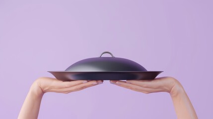 3D rendering of cartoon hands holding a metal tray with a cover against a purple background.