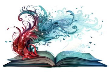 An open book with swirling red and blue elements