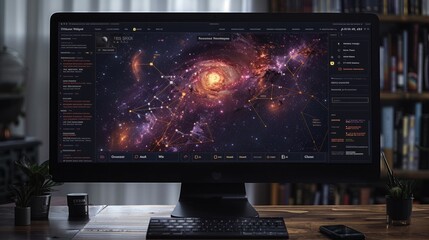Poster - A computer monitor displaying a detailed galaxy map with connected stars and data, surrounded by a desk with a keyboard, mouse, and plants.