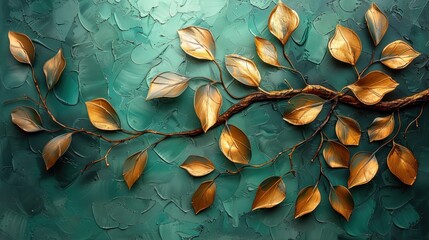 Golden leaf branch on teal background