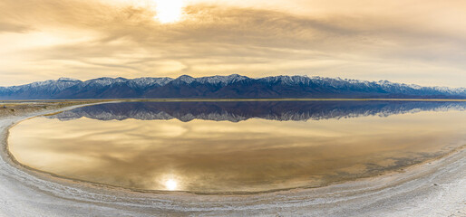 Wall Mural - Sunset Reflections and The Sierra Nevada Mountains on The Flooded Salt Flats of Owens Lake, Lone Pine, California, USA