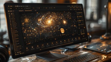 Poster - A close-up of a computer screen displaying a detailed galaxy map with golden stars and nebulae, set against a dark background.