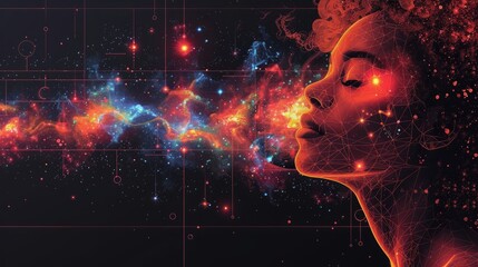 Poster - An abstract digital portrait of a woman blowing a cloud of cosmic dust and energy.