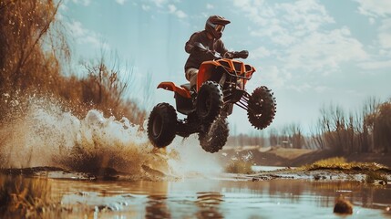 Wall Mural - person drive atv vehicle on offroad track, extreme sport activities theme, in the river, created with generative ai