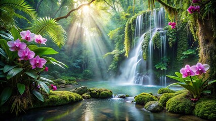 Wall Mural - Enchanting rainforest cascade with hidden waterfall amidst blooming orchids, lush, tropical, paradise, serene, tranquil