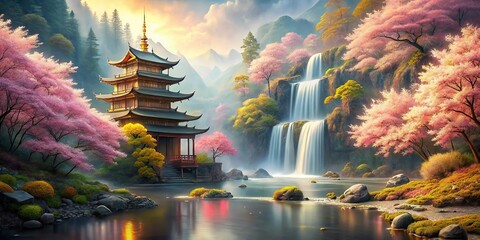 Wall Mural - Abstract Japanese nature landscape with waterfalls, temple, river, sakura tree, and mixed gold elements , Japan, nature