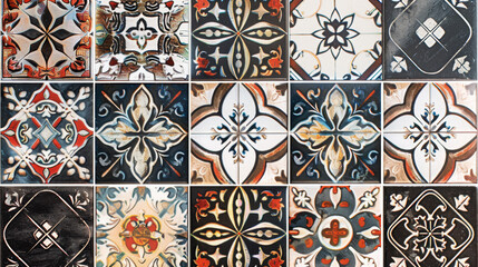 A tile mosaic with many different designs and colors