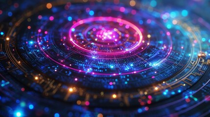 Poster - A digital rendering of a circular design with glowing lights and digital patterns.
