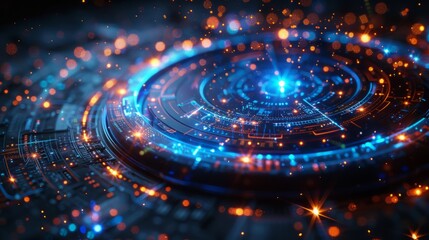 Poster - A 3D rendering of an abstract digital circuitry design with glowing blue and orange lights.