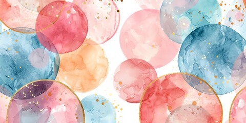 Wall Mural - A watercolor painting of a pink and blue background with gold circles. The circles are of different sizes and colors, and the background is white. The painting has a dreamy, whimsical feel to it