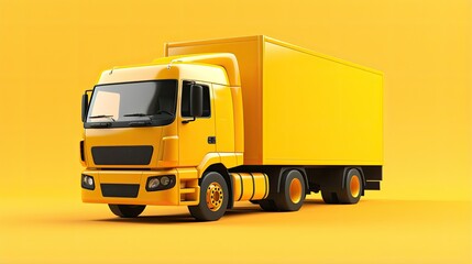 This is a 3D rendering of a yellow truck. The truck is a box truck with a yellow body. The truck is on a yellow background.