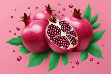 Sticker - Juicy ripe flying pomegranate and pomegranate pieces on pastel pink background.