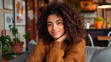 Wall Mural - A young woman with curly hair smiling warmly in a cozy living room